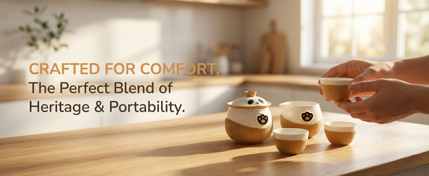 Panda Theme Bamboo Weaving Travel Tea Cup Set,Handmade Heritage Craft with Built-in Strainer