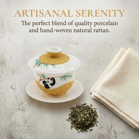 Handmade Bamboo-Wrapped Porcelain Gaiwan,Panda Theme Bamboo Weaving Gaiwan Tea Set,Handcrafted Porcelain-Bamboo Tea Set
