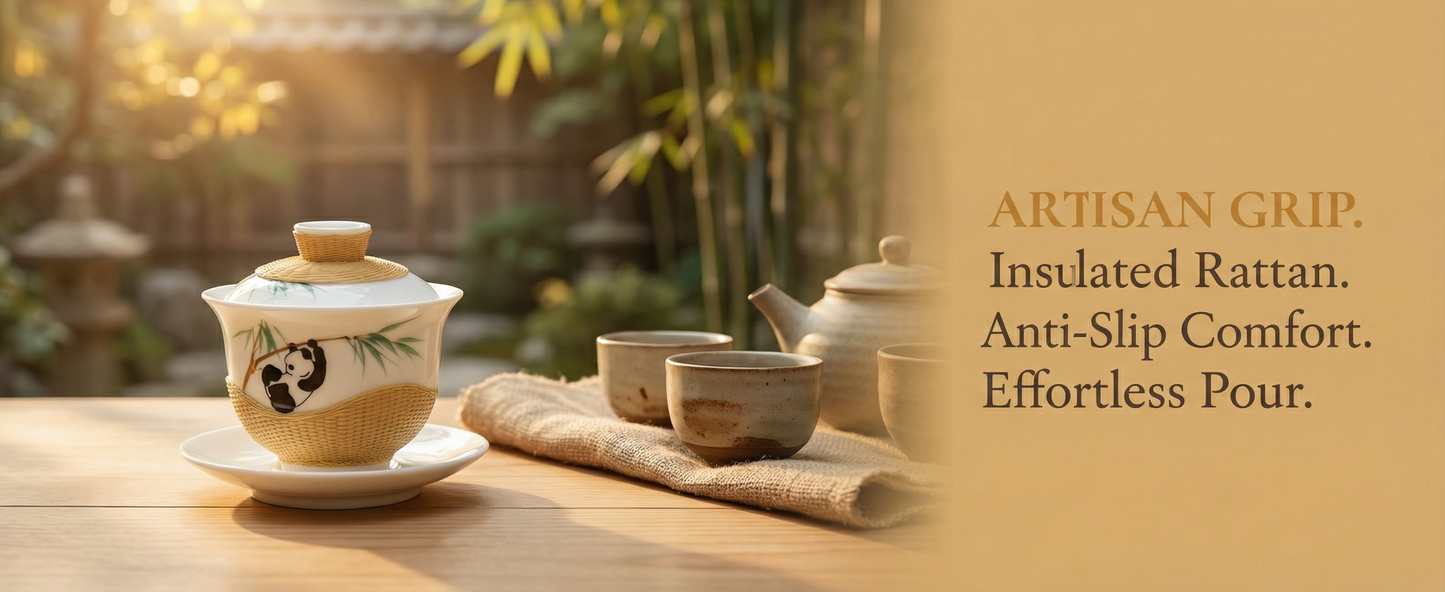 Handmade Bamboo-Wrapped Porcelain Gaiwan，Panda Theme Bamboo Weaving Gaiwan Tea Set，Handcrafted Porcelain-Bamboo Tea Set