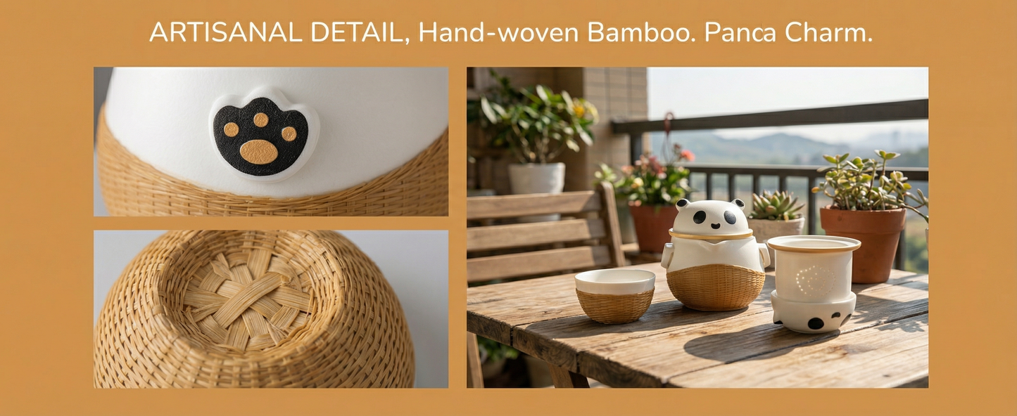 Panda Theme Bamboo Weaving Travel Tea Cup Set，Handmade Heritage Craft with Built-in Strainer