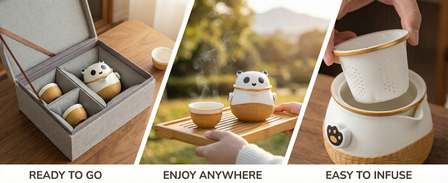 Panda Theme Bamboo Weaving Travel Tea Cup Set，Handmade Heritage Craft with Built-in Strainer
