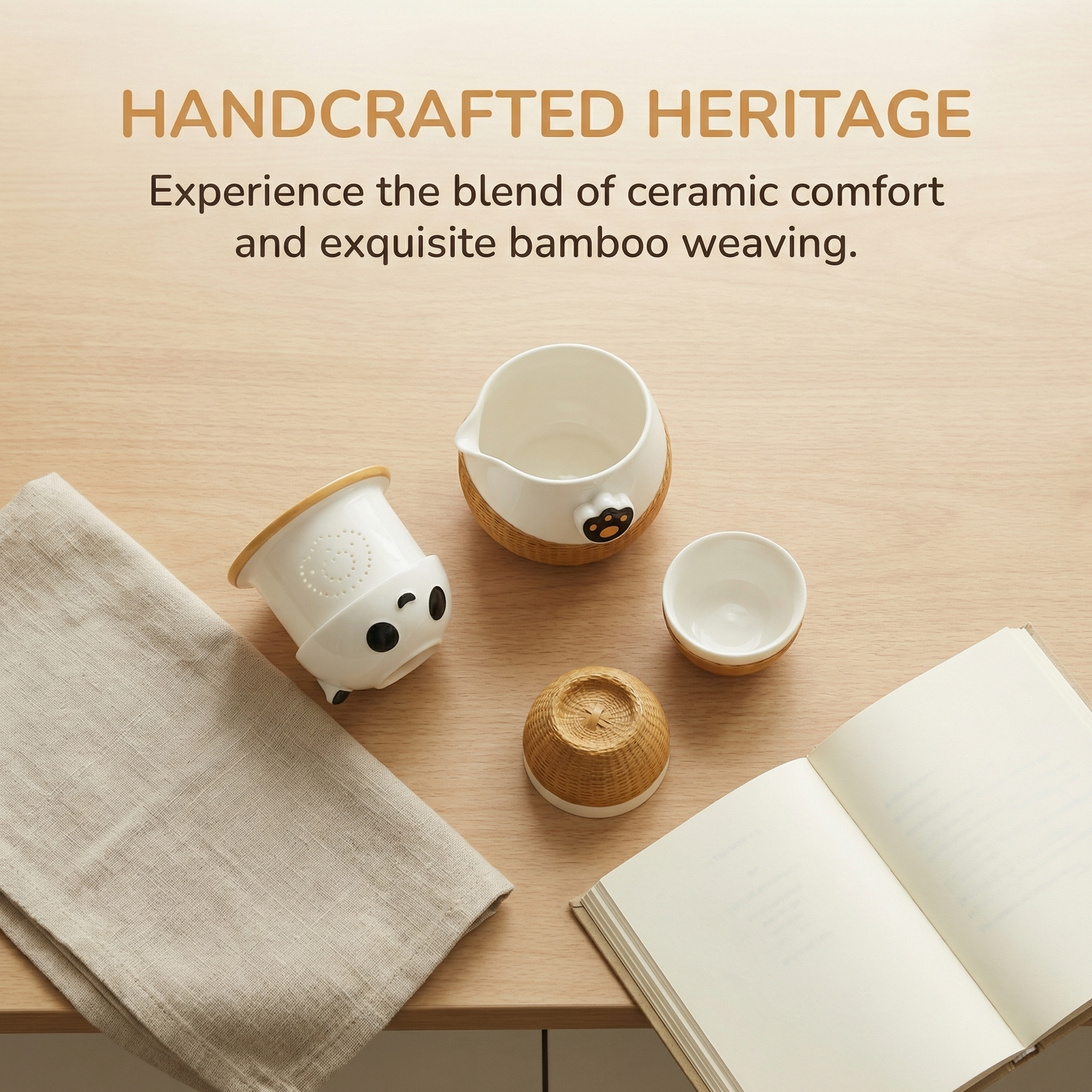 Panda Theme Bamboo Weaving Travel Tea Cup Set，Handmade Heritage Craft with Built-in Strainer