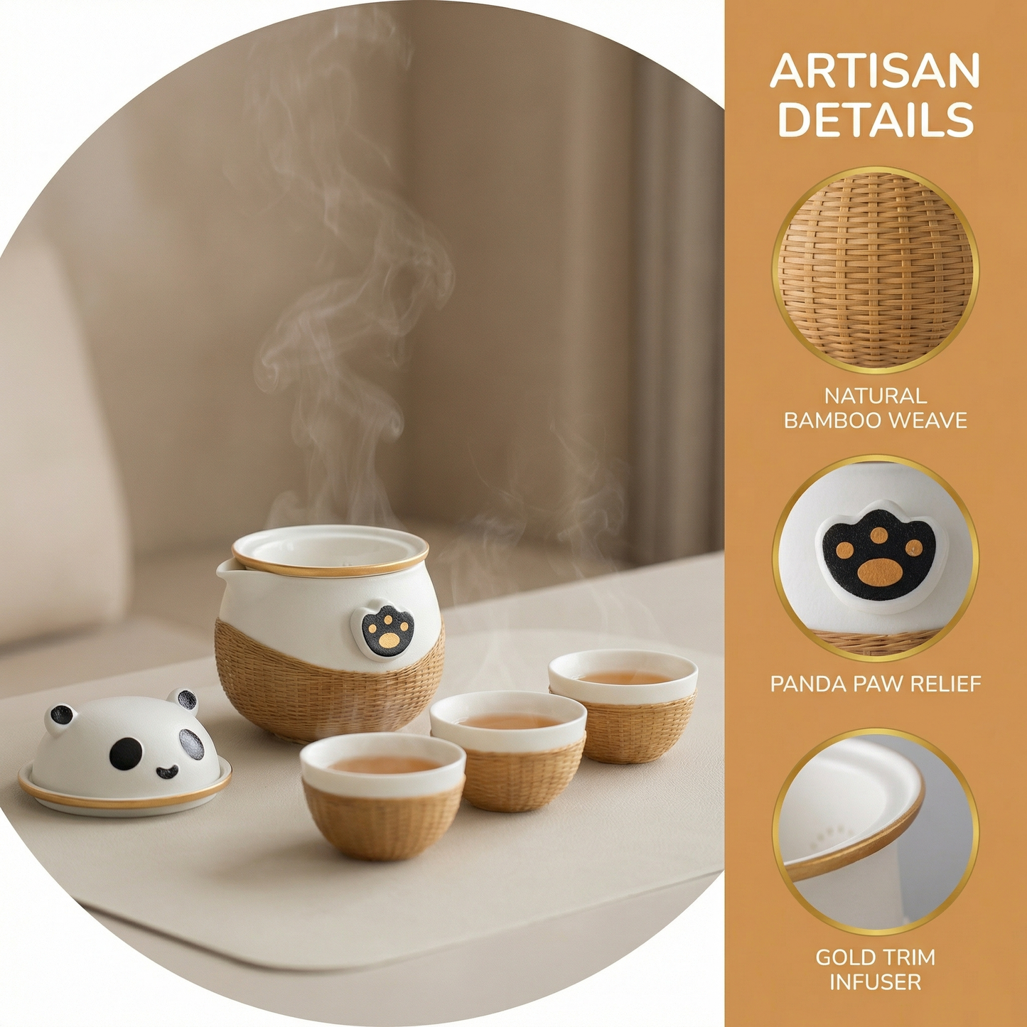 Panda Theme Bamboo Weaving Travel Tea Cup Set，Handmade Heritage Craft with Built-in Strainer