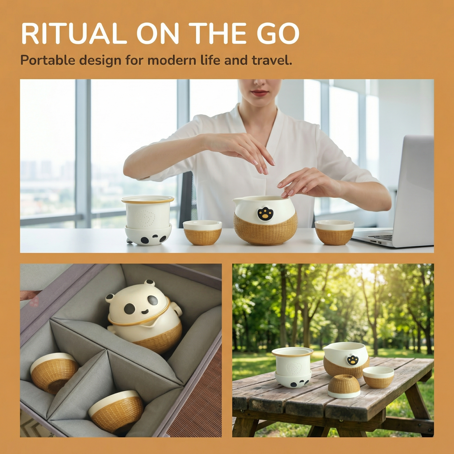 Panda Theme Bamboo Weaving Travel Tea Cup Set，Handmade Heritage Craft with Built-in Strainer