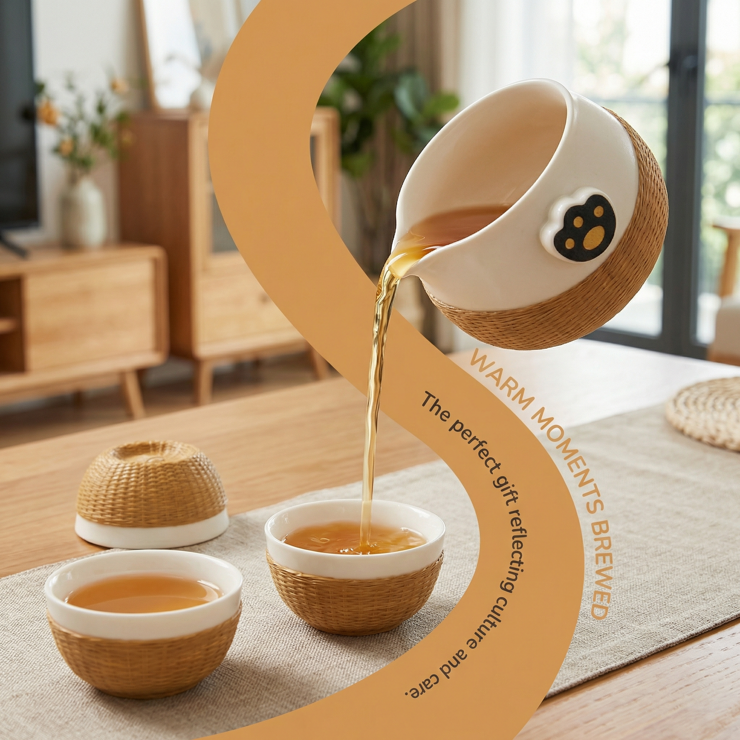 Panda Theme Bamboo Weaving Travel Tea Cup Set，Handmade Heritage Craft with Built-in Strainer