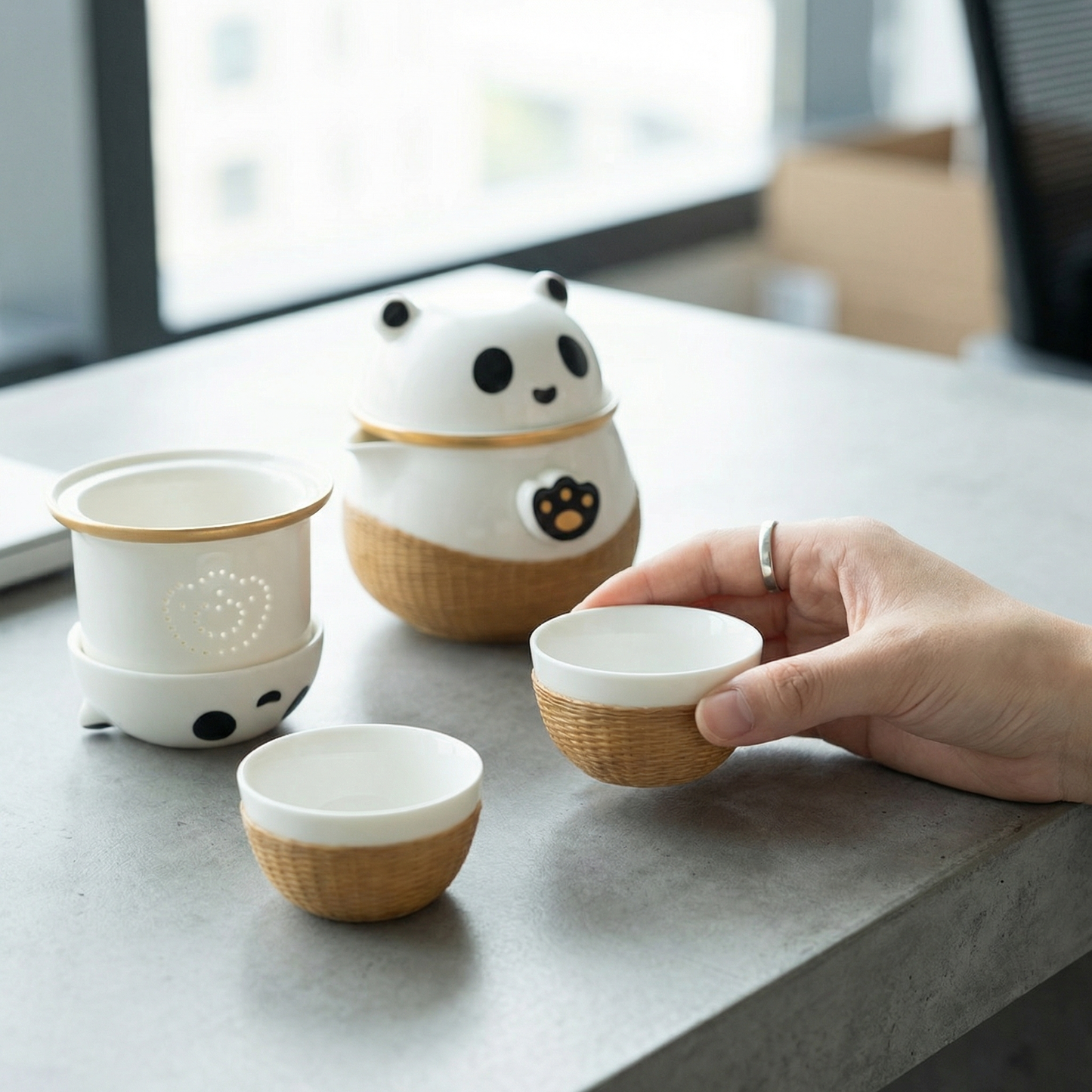 Panda Theme Bamboo Weaving Travel Tea Cup Set，Handmade Heritage Craft with Built-in Strainer