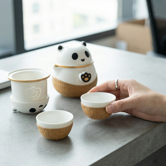 Panda Theme Bamboo Weaving Travel Tea Cup Set，Handmade Heritage Craft with Built-in Strainer