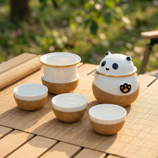 Panda Theme Bamboo Weaving Travel Tea Cup Set，Handmade Heritage Craft with Built-in Strainer
