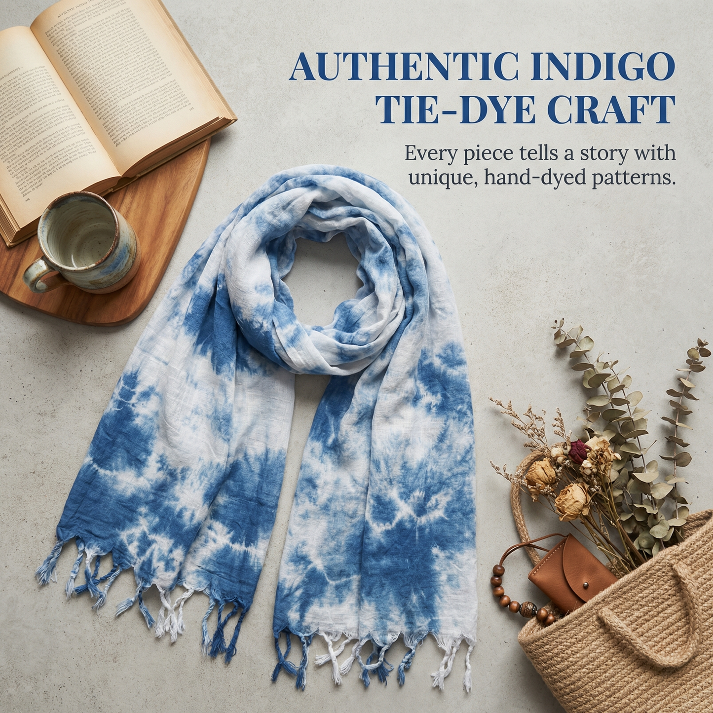 Dali tie-dye scarf, cotton and linen scarf, handmade tie-dye cotton scarf from Dali, Yunnan