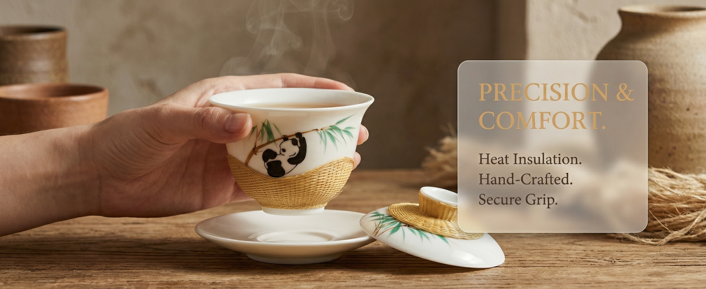 Handmade Bamboo-Wrapped Porcelain Gaiwan，Panda Theme Bamboo Weaving Gaiwan Tea Set，Handcrafted Porcelain-Bamboo Tea Set