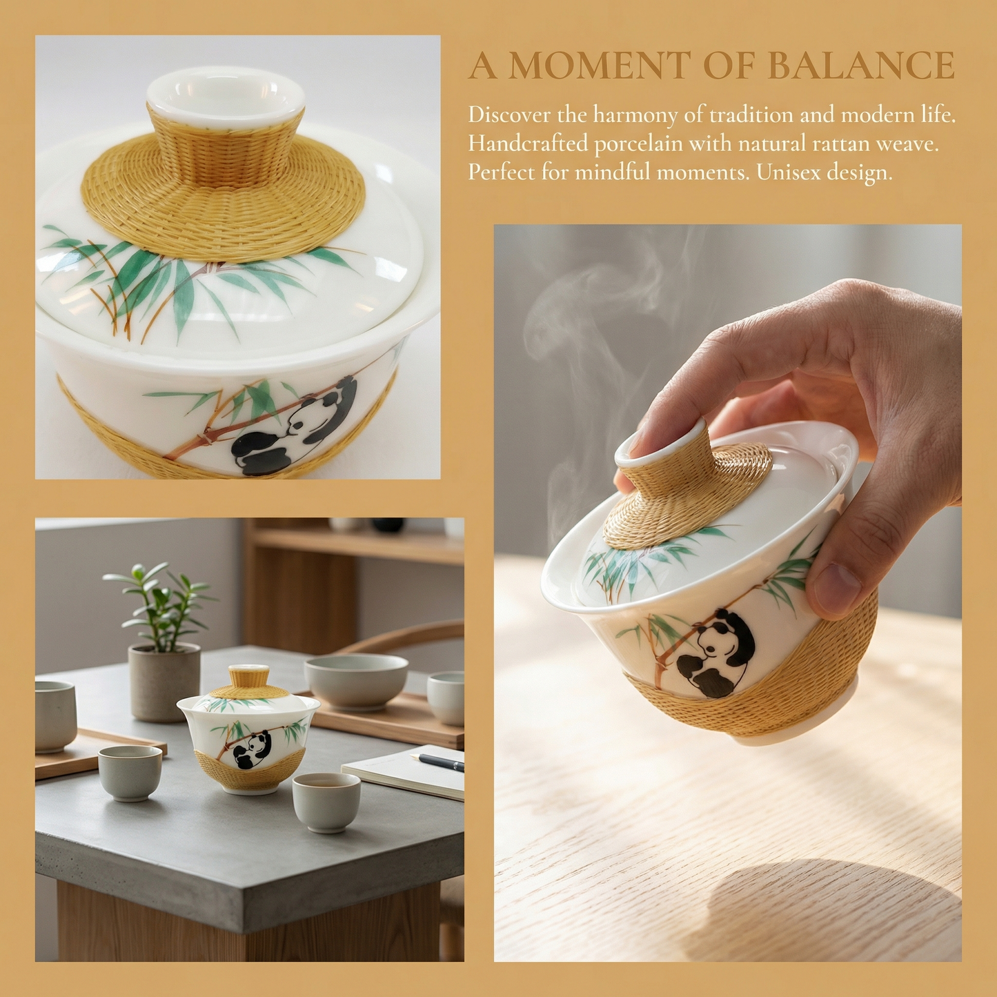 Handmade Bamboo-Wrapped Porcelain Gaiwan，Panda Theme Bamboo Weaving Gaiwan Tea Set，Handcrafted Porcelain-Bamboo Tea Set