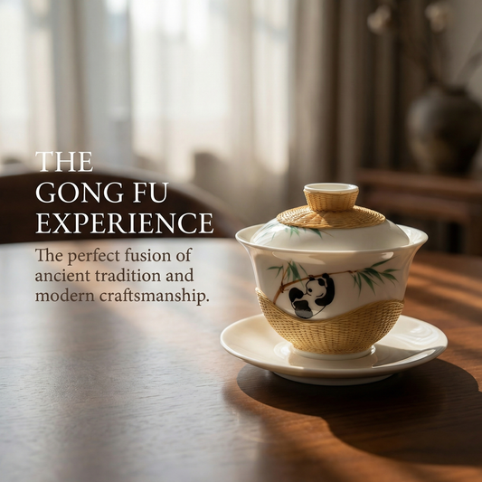Handmade Bamboo-Wrapped Porcelain Gaiwan，Panda Theme Bamboo Weaving Gaiwan Tea Set，Handcrafted Porcelain-Bamboo Tea Set