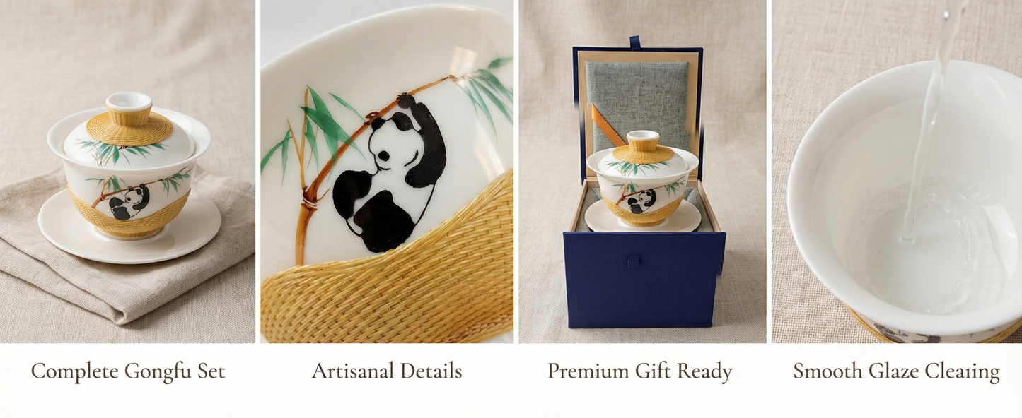 Handmade Bamboo-Wrapped Porcelain Gaiwan，Panda Theme Bamboo Weaving Gaiwan Tea Set，Handcrafted Porcelain-Bamboo Tea Set