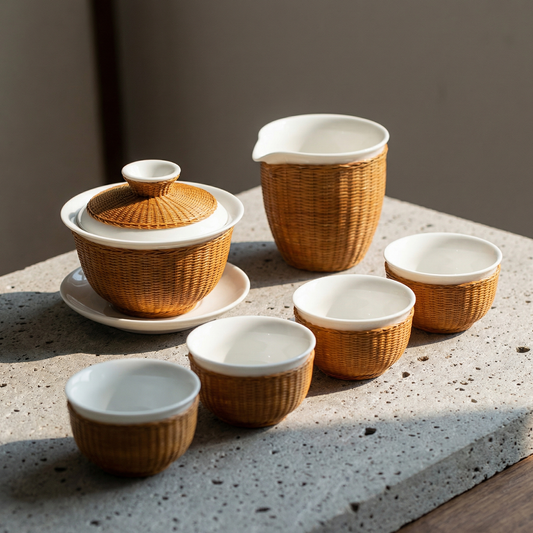 Porcelain-Bamboo Weaving Tea Set, Intangible Cultural Heritage | Handwoven Bamboo Armor for Porcelain Gaiwan